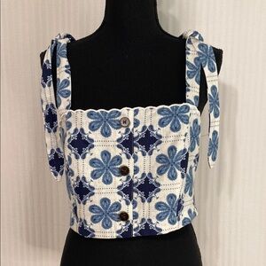 Agua Bendita Blue and White Linen Tile Print Tie Shoulder Medium Crop Top